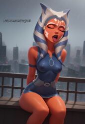 ahsoka_tano ai_generated alien_girl clone_wars closed_eyes curvy curvy_female hands_behind_back jaajaai nipples_visible_through_clothing open_mouth orange_skin perfect_body rain raining sitting star_wars star_wars:_the_clone_wars submissive_female tagme thighs thin_waist togruta tongue_out