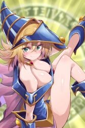 blush_stickers closed_mouth dark_magician_girl large_breasts legs_up looking_at_viewer nipple_slip nipples sitting smile yu-gi-oh!