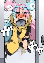 1girls @_@ absurdres bare_shoulders bathroom between_legs big_hair blue_hair blush bow-shaped_hair breasts breath coat cute_fang didn't_make_it_in_time doorway embarrassed female female_focus full_body gen_1_pokemon grey_pantyhose grey_shirt grey_shoes hair_ornament hand_between_legs have_to_pee highres indoors iono_(pokemon) japanese_text kneeling leaning_forward long_hair long_sleeves looking_at_viewer magnemite medium_breasts mizuumi_(expanse_lake) multicolored_eyes multicolored_hair nintendo nose_blush open_mouth pantyhose peeing peeing_self pink_eyes pink_hair pokemon pokemon_sv puddle purple_eyes raised_eyebrows shirt shoes sidelocks single_leg_pantyhose sketch sleeveless sleeveless_shirt sleeves_past_fingers sleeves_past_wrists solo straight-on sweat tears thigh_strap tile_floor tiles translation_request trembling two-tone_hair urine very_long_hair wide-eyed yellow_coat