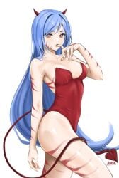 ass biting_finger blue_hair chaesu cleavage devil devil_horns horn horns long_hair looking_at_viewer minah red_eyes red_stripes thighs