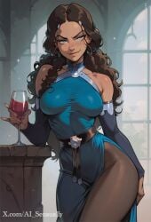 1girls 2d ai_generated ai_sensuality avatar_the_last_airbender blowjob blue_clothing blush clothed clothed_female clothed_male clothed_sex cock_worship dark-skinned_female dress eager katara large_penis smug sole_female solo stockings water_tribe wine