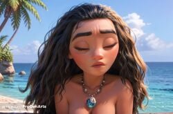 1girls ai_generated artist_name beach black_hair blue_sky blurry breasts cleavage closed_eyes closed_mouth cloud collarbone dark-skinned_female day disney disney_princess eyelashes facing_viewer forehead hi_res jewelry lips long_hair medium_breasts moana moana_2 moana_waialiki necklace nude ocean outdoors palm_tree pendant progenarts rock sky solo thick_eyebrows tree upper_body water watermark wavy_hair web_address