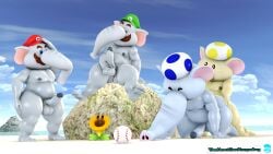 3d 3d_(artwork) 4boys anal anal_sex anthro anthro_on_anthro balls baseball_(ball) blue_eyes blue_toad closed_eyes doggy_style elephant elephant_luigi elephant_mario elephant_toad erection flower full_body furry furry_male furry_only gay gay_sex genitals green_hat hat luigi male male/male mammal mario_(series) mature mature_male moustache multiple_boys multiple_males nintendo nude nude_male outdoors penis penis_in_anus red_hat rock sex super_mario_bros._wonder talking_flower_(super_mario_bros._wonder) testicles thenextgenkoopaling toad_(mario) yellow_toad