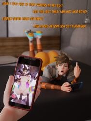 1boy 1girls 3d big_ass big_penis cuckold cuckquean currysfm dark-skinned_male dark_skin english_text female interracial lesbian looking_at_viewer male middle_finger overwatch phone pov text tracer