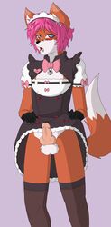 2017 anthro balls blush canine clothed clothing cosplay crossdressing erection fox girly hair hi_res jaxfenrir legwear looking_at_viewer maid_uniform male mammal minila penis simple_background solo stockings uniform