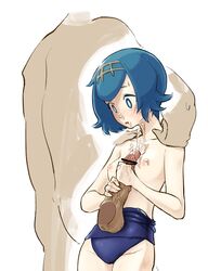 1boy 1girls ass bare_shoulders big_penis blue_eyes blue_hair blush breasts censored clothed_female_nude_male cum cum_on_breasts cum_on_collarbone cum_on_face cum_on_neck cum_on_nose dark_blue_hair disembodied_penis erection facial female hairband handjob hands_on_another's_shoulders height_difference highres holding human lana_(pokemon) larger_male looking_down male mob_face naizuri navy_blue_hair nintendo nipples nose_blush nude open_mouth paizuri penis penis_on_chest penis_pressed_against_chest pointless_censoring pokemon pokemon_sm school_swimsuit short_hair small_breasts smaller_female solo_focus standing straight sweat swimsuit swimsuit_pull transparent transparent_body uto_saori veins veiny_penis