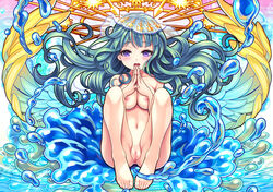 1girls anus ass big_breasts blue_hair blush breast breasts feet female female_only long_hair looking_at_viewer monster_strike nipples nude open_mouth purple_eyes pussy solo toes uncensored v-mag water wide_hips wings