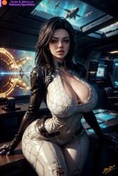 ai_generated big_ass big_breasts black_hair blue_eyes cleavage leather_clothing mass_effect miranda_lawson small_waist spaceship spark_star thick_thighs tight_clothing wide_hips