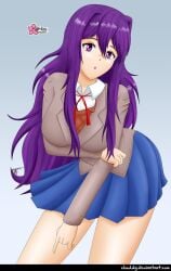 bent_over clouddg doki_doki_literature_club fully_clothed fully_clothed_female looking_at_viewer school_uniform yuri_(doki_doki_literature_club)