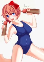 dark-skinned_male dark_skin doki_doki_literature_club double_handjob eroneko handjob interracial looking_at_viewer sayori_(doki_doki_literature_club)