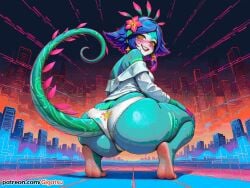 ai_generated ass ass_focus blush feet gigatsu league_of_legends looking_back neeko panties smile sole_female soles squatting tail vaporwave