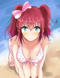 alternate_breast_size beach bikini bow breasts cleavage down_blouse female green_eyes hairbow haru_(nature_life) kneeling kurosawa_ruby large_breasts looking_at_viewer love_live! love_live!_sunshine!! open_toe_shoes red_hair sandals smile solo swimsuit two_side_up