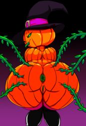 2016 anus ass big_butt female flora_fauna food fruit halloween hat hi_res holidays huge_butt humanoid lady_pumpkin looking_at_viewer looking_back nude plant plant_humanoid presenting presenting_hindquarters pumpkin pumpkin_girl pumpkin_head pussy smile solo thecon witch_hat