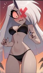 ai_generated bikini cleavage embarrassed female grey_body hazbin_hotel low-angle_view skinny slim_waist swimsuit vaggie_(hazbin_hotel) white_hair