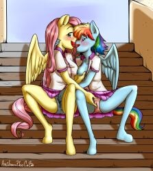 2024 absurd_res anibaruthecat anthro artist_name biped blush clothed clothing duo equid equine eyebrows eyelashes female female/female fingering fingers fluttershy_(mlp) friendship_is_magic hasbro hi_res looking_at_viewer mammal multicolored_tail my_little_pony mythological_creature mythological_equine mythology open_mouth panties pegasus rainbow_dash_(mlp) rainbow_tail skirt small_breasts stairs tail underwear wings yuri