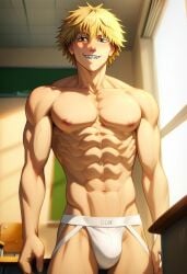 abs ai_generated biceps blonde_hair blush brown_eyes chainsaw_man denji_(chainsaw_man) gay jockstrap jockstrap_only looking_at_viewer male male_only muscular muscular_male nipples nude_male pecs sharp_teeth smile toned_body toned_male twall97