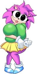 1treno1 amy_rose anatomically_incorrect big_breasts big_eyes big_thighs black_eyes blue_shoes classic_amy_rose cream_fur crossed_legs cute friday_night_funkin friday_night_funkin_mod full_body green_shirt liz_(treno) looking_at_viewer mobian mobian_(species) pamvllo piercings pink_fur sonic.exe_(series) squished_breasts thick_thighs tongue tongue_out yellow_skirt