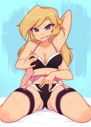 4_arms bedroom_eyes bikini blonde_hair blue_eyes fangs groping_self kneeling lingerie long_hair looking_at_viewer medium_breasts nelly seductive smirk spider_girl touching_self xyroni