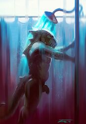 anthro argonian balls bathing closed_eyes flaccid horn invalid_tag male male_only malorne muscular nude penis scalie shower shower_curtain simple_background slightly_chubby solo standing the_elder_scrolls video_games water