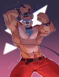 1boy anthro armpits arms_up bear belt bowtie dekaku_inu ear_piercing five_nights_at_freddy's five_nights_at_freddy's:_security_breach furry furry_only glamrock_freddy_(fnaf) happy_trail looking_at_viewer male male_only mammal microphone muscular nipples pants shirtless stripper