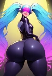 1boy ai_generated alternate_costume ass ass_focus big_ass bodysuit bottom_heavy bottom_heavy_femboy bubble_butt dj_sona femboy femboyarashi gigantic_ass girly huge_ass league_of_legends long_hair male male_focus male_only sona_buvelle thick_thighs twintails