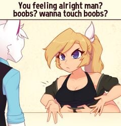 4_arms anthro blonde_hair blue_eyes boobs?_wanna_touch_boobs? cat_boy long_hair medium_breasts meme nelly ponytail shirt_down shirt_pull spider_girl undressing undressing_self white_fur xyroni