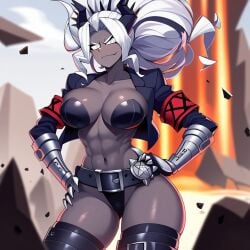 2d ai_generated big_breasts helltaker judgement_(helltaker) open_clothes self_upload thick_thighs white_hair