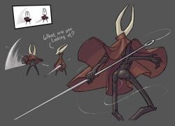2d angry angry_face ass beetle black_body bottomless bug butt_focus chitin cloak dripping dripping_precum female female_only half-dressed half_naked hollow_knight hornet_(hollow_knight) horns humanoid insect_girl insect_humanoid insects long_legs meme naked_under_cloak pussy_ejaculation pussy_juice pussy_juice_trail shell skull slim slim_waist team_cherry text tomboy weapon wet_pussy