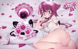 ass bare_ass bed breasts cat_ears cleavage feline freaked_fleapit hand_on_butt long_hair looking_at_viewer lying_on_bed mrpsina panties pillow pink_eyes pink_hair ruby_(freaked_fleapit) shirt tagme tail white_fur