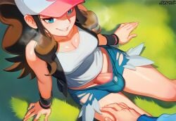 1futa ai_generated aigatari blowjob blue_eyes brown_hair curvy female field futa_on_male futanari grass hilda_(pokemon) medium_breasts nsfw oral outdoors pokemon pokemon_bw sky smug sweat undressing wide_hips