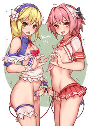 2boys androgynous astolfo_(fate) blonde_hair blue_eyes blush braid censored chevalier_d'eon_(fate) crossdressing erection fate/grand_order fate_(series) femboy girly hair_ribbon heart heart-shaped_pupils heart_censor highres long_hair male male_focus multiple_boys open_mouth penis penis_under_skirt pink_hair pointless_censoring purple_eyes ribbon stmaster symbol-shaped_pupils trap vibrator_in_anus yaoi