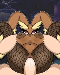 anthro areola big_areola big_breasts big_ears blush bodily_fluids breasts brown_areola brown_body brown_ears brown_fur brown_nipples clothing cum cum_in_pussy cum_inside duo female fishnet_clothing fishnet_legwear front_view full_nelson fur generation_4_pokemon genital_fluids genitals holding_partner human inflation inflation interspecies lagomorph legwear looking_up lopunny male male/female mammal nintendo nipple_piercing nipples penetration piercing pokemon pokemon_(species) pokephilia pussy red_eyes sex shinychaonsfw spread_legs spreading tan_body tan_fur thick_thighs vaginal_penetration vaginal_penetration