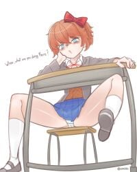 asking_a_question clothed doki_doki_literature_club emiillb legs_apart legs_spread looking_at_viewer panties sayori_(doki_doki_literature_club) skirt upskirt white_socks