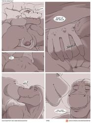 anthro balls body_hair chest_hair comic english_text facial_hair fish furry gay kissing male male_only marine monochrome moobs penis repzzmonster scalie serving_breakfast shark text yaoi