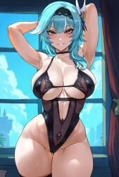 ai_generated aipotions armpits barely_contained_breasts blue_hair breasts color curvy curvy_female curvy_figure eula_(genshin_impact) genshin_impact grin hourglass_figure huge_breasts indoor light-skinned_female light_skin lingerie mihoyo pale-skinned_female pale_skin pinup posing short_hair slim_waist smile solo solo_female thick_thighs thighs tight_clothing voluptuous_female