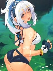 1girls 2d 2d_(artwork) ass blue_hair blue_swimsuit day distrbeachboy female female_focus female_only genshin_impact gloves high_resolution highres looking_at_viewer medium_hair mualani_(genshin_impact) outdoors side_view slim_girl smiling smiling_at_viewer solo solo_female solo_focus standing standing_in_water swimsuit vision_(genshin_impact) water young younger_female