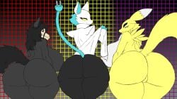 anthro ass bandai_namco big_breasts big_butt black_body black_fur black_hair black_sclera blue_body blue_eyes blue_fur bone bottomless breasts canid cheek_tuft clothed clothing darkner deltarune digimon digimon_(species) dipstick_ears ear_markings empty_eyes eyelashes facial_markings facial_tuft featureless_crotch felid female floating_hands fur grey_body grey_fur group hair head_markings hi_res huge_breasts huge_butt lipstick long_hair looking_at_viewer looking_back looking_back_at_viewer machine makeup mal0_(species) mammal markings multicolored_ears pattern_background plastic_pyramid purple_background purple_lipstick raised_clothing rear_view red_background renamon robot scp-1471-a scp_foundation shoulder_pads simple_background skull skull_head smile tasque_manager thick_thighs trio tuft undertale_(series) white_body white_eyes white_fur wide_hips yellow_background yellow_body yellow_eyes yellow_fur