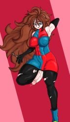 android_21 android_21_(human) armpits breasts brown_hair dragon_ball fit_female futanari glasses katsuu_nsfw long_hair nipples_visible_through_clothing penis self_upload skin_tight stockings vomi_(dragon_ball)