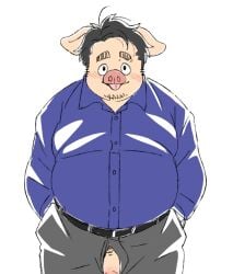 2024 anthro blush bottomwear clothing domestic_pig genitals hi_res inunoshippo kemono male mammal overweight overweight_male pants penis shirt simple_background smile solo suid suina sus_(pig) topwear white_background