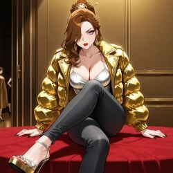 ai_generated big_breasts black_nail_polish blue_eyes brown_hair cleavage clothed crossed_legs earrings feet hair_ornament high_heels nail_polish original_character padded_jacket pants red_lips red_lipstick shiny_clothes sitting tight_jeans tight_pants toenail_polish