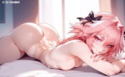 a1exwell ai_generated ass astolfo_(fate) cute cute_male fate/grand_order fate_(series) femboy lying naked nipples pony_diffusion_xl stable_diffusion thick_thighs thighs