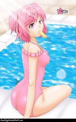 clouddg doki_doki_literature_club natsuki_(doki_doki_literature_club) one_piece_swimsuit pool poolside popsicle popsicle_in_mouth popsicle_melting swimsuit swimwear