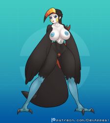 animal_humanoid areola avian avian_feet avian_humanoid big_breasts bird bird_humanoid black_body black_feathers black_hair blue_areola blue_eyes blue_nipples breasts claws dex_appeal european_mythology feathered_wings feathers female generation_7_pokemon genitals greek_mythology hair harpy hi_res humanoid humanoid_genitalia monster_girl_(genre) multicolored_hair mythological_avian mythological_creature mythology nintendo nipples nude pokemon pokemon_(species) pokemorph pubes pubic_feathers pussy simple_background solo tail tail_feathers toucan toucannon white_body wings