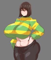 925kyohei abs breasts_bigger_than_head brown_hair brown_pants chara hand_on_hip huge_breasts kunaboto_(style) looking_to_the_side red_eyes short_hair sweater thong undertale undertale_(series) venus_body