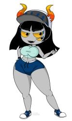 ardata_carmia black_hair breasts cap clothing cloudcyanide femele full_body grey_skin hips hiveswap horns long_hair ms_paint_adventures shorts thighs troll wide_hips