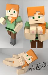 3d accurate_art_style alex_(minecraft) cubic_breasts half-dressed minecraft smile