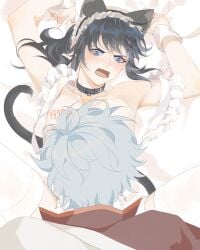 2boys aged_down angry annoyed apron arms_up bell_collar bishonen black_hair blue_hair blush body_writing cat_ears cat_tail catboy collar crossdressing femboy gay gintama gintoki_sakata hijikata_toshiro long_hair long_hair_male maid_headdress male male_only naked_apron oerba_yun_fang on_back on_bed pale-skinned_male pale_skin ponytail sheet_grab solo_focus spread_legs thighhighs twink white_legwear white_thighhighs wrist_cuffs xbwgfmyyhyg yaoi