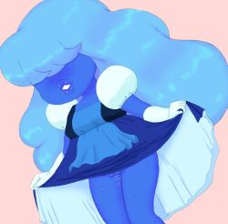 2016 bangs_over_eyes blue_hair blue_skin blush dress dress_lift elbow_gloves gem_(species) hoshime lipstick long_hair puffy_short_sleeves sapphire_(steven_universe) smile steven_universe sweat wet_pussy