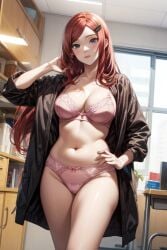 1girls ai_generated belly_button bra hands_behind_head light-skinned_female looking_at_viewer mature_female midriff naruto_(series) navel office_lady red6161 red_hair stretching uzumaki_kushina