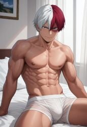 1boy abs ai_generated arm_support blue_eyes boku_no_hero_academia boxer_briefs boxer_briefs_only bsky_link bulge burn_scar civitai dvxxxgrai gay gray_eyes heterochromia lying_on_bed male male_only male_underwear multicolored_hair muscular muscular_male my_hero_academia navel nipples nude pony_diffusion_xl red_hair shouto_todoroki smile solo solo_male split-color_hair tagme todoroki_shouto toned toned_body toned_male twitter two_tone_hair underwear underwear_only white_hair white_male_underwear x_(social_media) yaoi